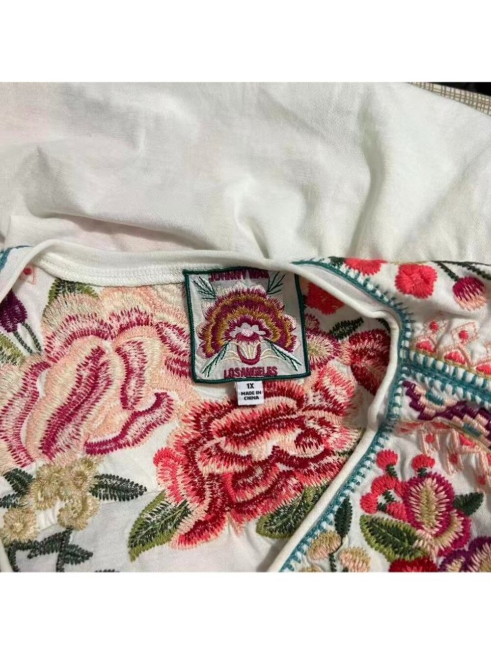 NWOT Johnny Was Cotton Embroidered Boho Floral V-Neck Mini Dress White Size 1X - Picture 13 of 16